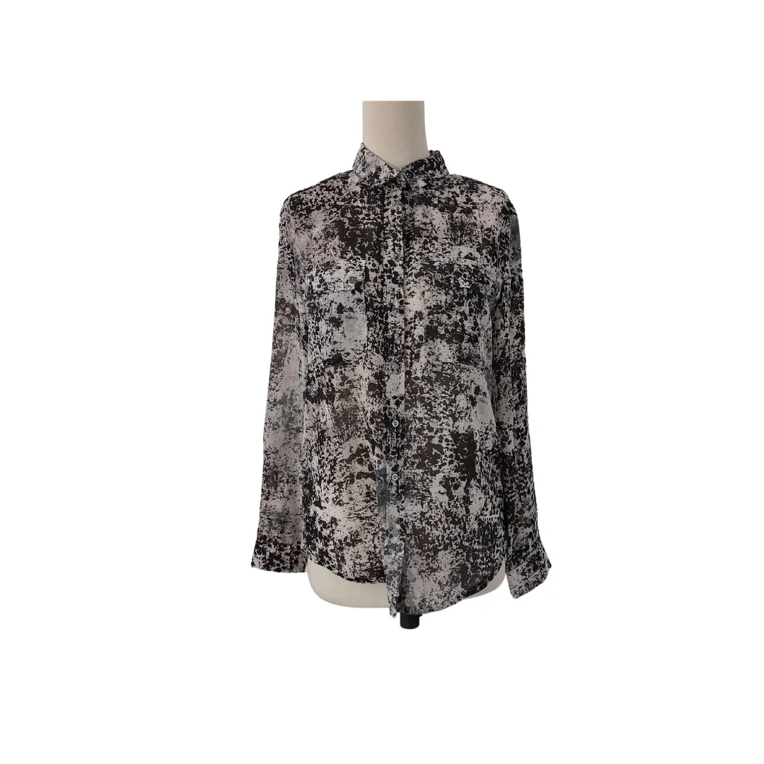 Mango Black & Grey Printed Semi-sheer Collared Shirt | Like New |