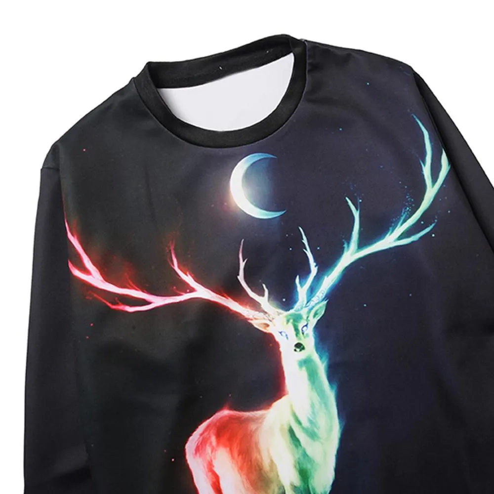 Men Printed Christmas Deer Long Sleeve Loose Blouse Casual Top