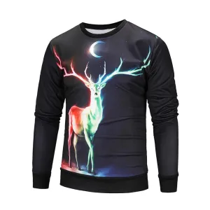 Men Printed Christmas Deer Long Sleeve Loose Blouse Casual Top