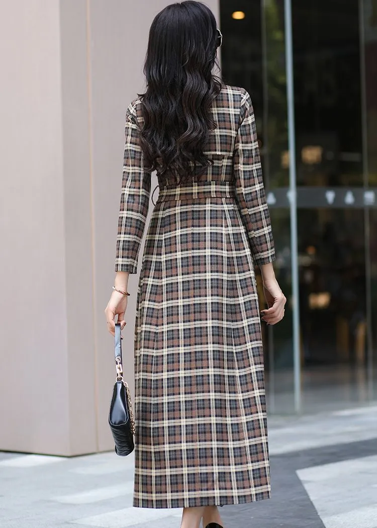 Noelle Classic Plaid Pattern Double Breasted Maxi Trench Coat