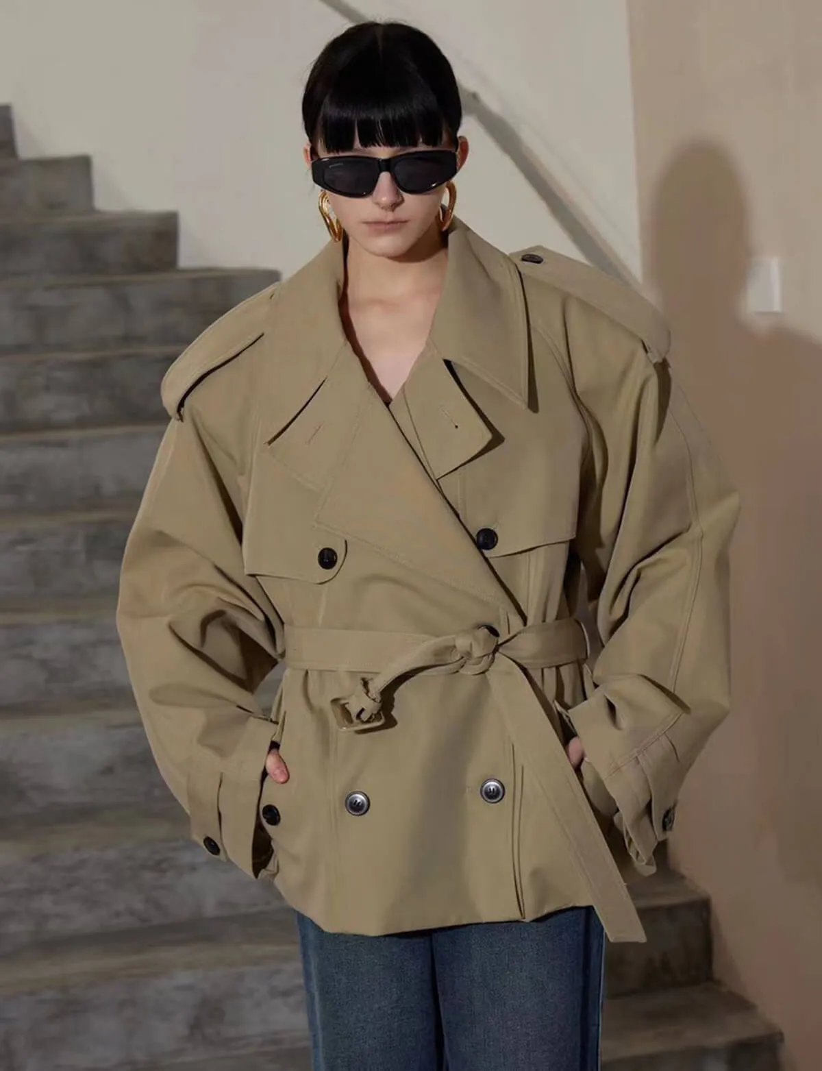 Oversized Cropped Twill Trench Coat-PREORDER