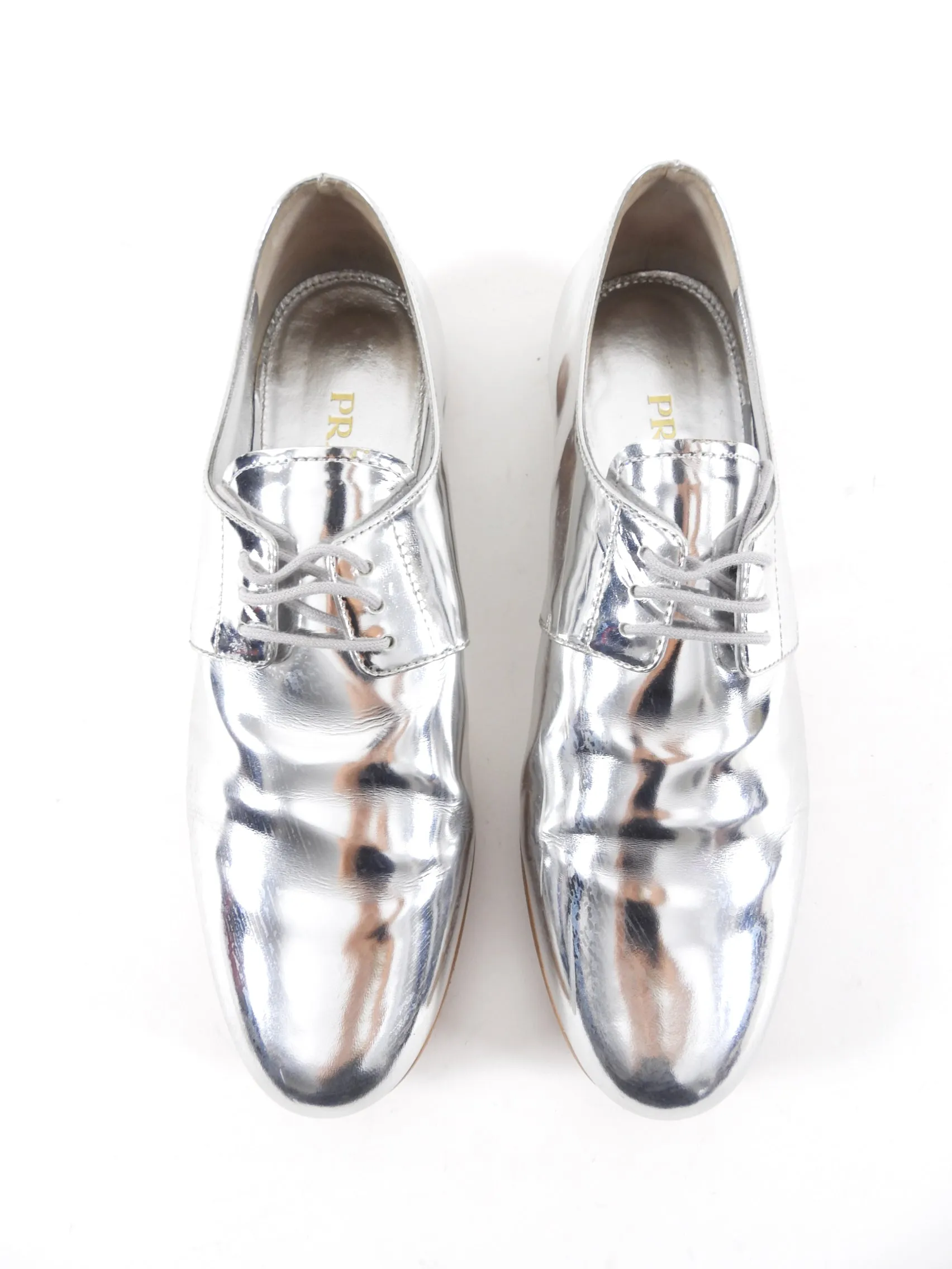 Prada Silver Mirror Leather Oxfords - 38.5