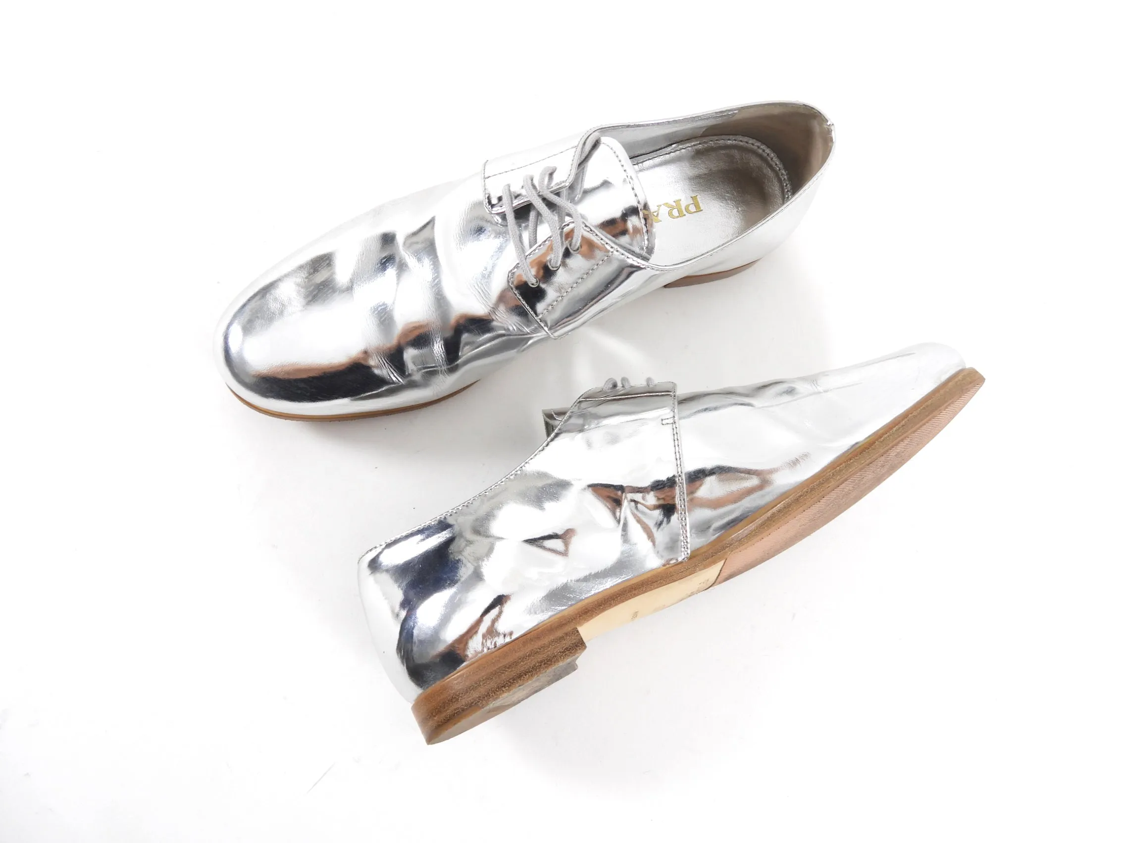 Prada Silver Mirror Leather Oxfords - 38.5