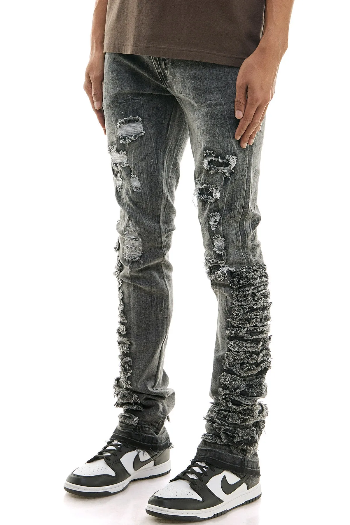 Retro Style Raw-Edge Finishing Skinny Stacked Jeans for men