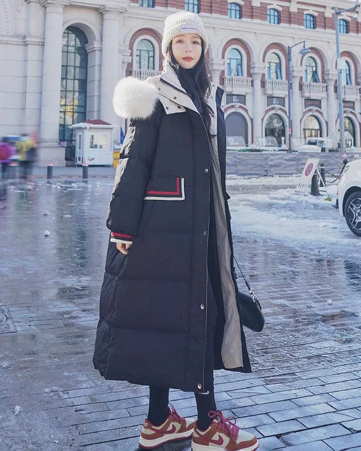 Women Fur Collar Hooded Quilted Puffer Black Oversize Winter Parka Coat