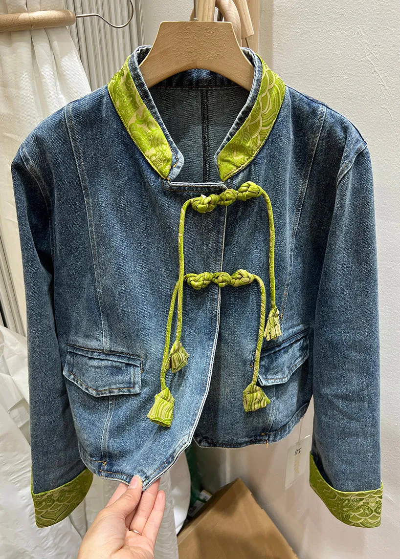 Women Green Stand Collar Chinese Button Denim Coat Spring QA1082