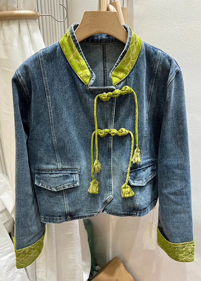 Women Green Stand Collar Chinese Button Denim Coat Spring QA1082