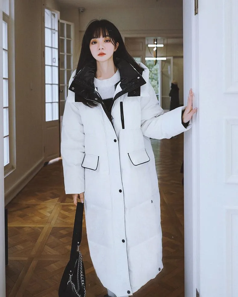 Women White Hooded Long Down Coat Warm Quilted Down Puffer Parka Oversize Black Winter Coat