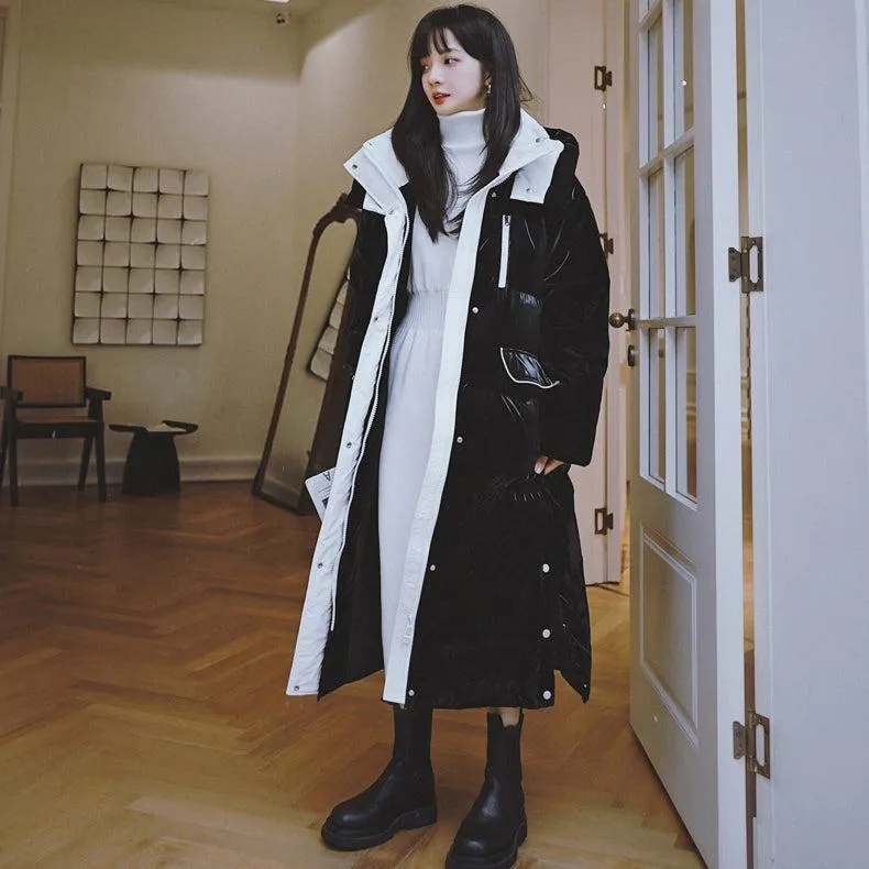 Women White Hooded Long Down Coat Warm Quilted Down Puffer Parka Oversize Black Winter Coat