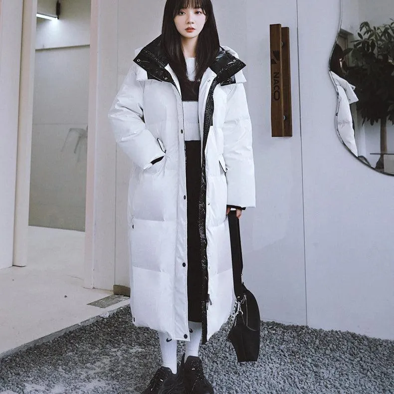 Women White Hooded Long Down Coat Warm Quilted Down Puffer Parka Oversize Black Winter Coat